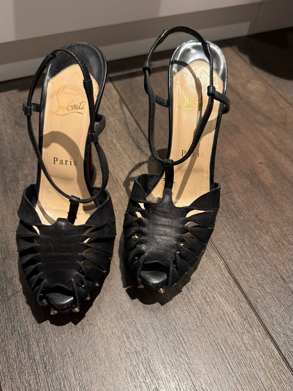 Christian Louboutin Black Strappy Peep-Toe T-Strap Heels